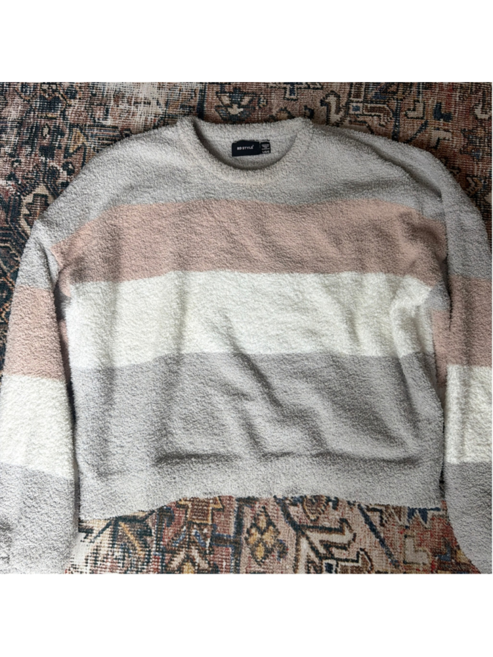 Women's RD Style Striped Fuzzy Crew Neck Sweater, Size L, Grey/Beige